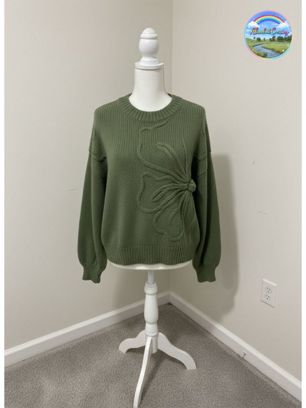 Oversized 3D Floral Knit Sweater Lantern Sleeve Crew Neck Pullover